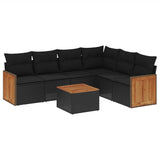 7 Piece Garden Sofa Set with Cushions Black Poly Rattan - Front View