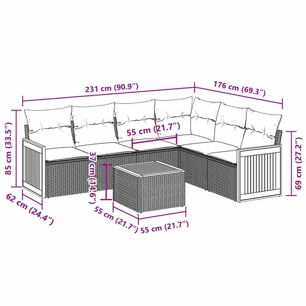 7 Piece Garden Sofa Set with Cushions Black Poly Rattan