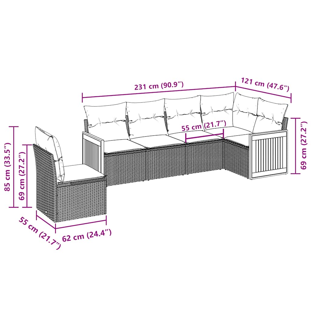 6 Piece Garden Sofa Set with Cushions Black Poly Rattan