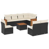 9 Piece Garden Sofa Set with Cushions Black Poly Rattan - Front View