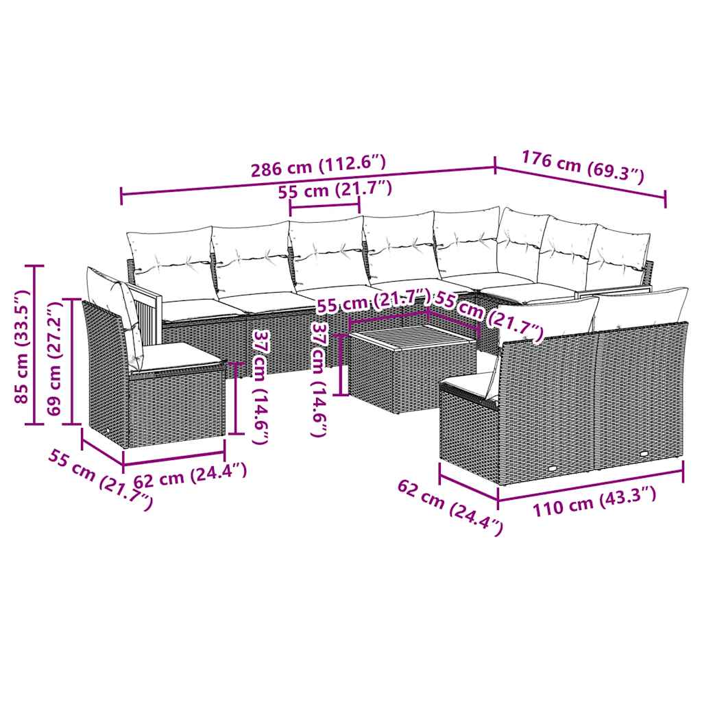 11 Piece Garden Sofa Set with Cushions Black Poly Rattan
