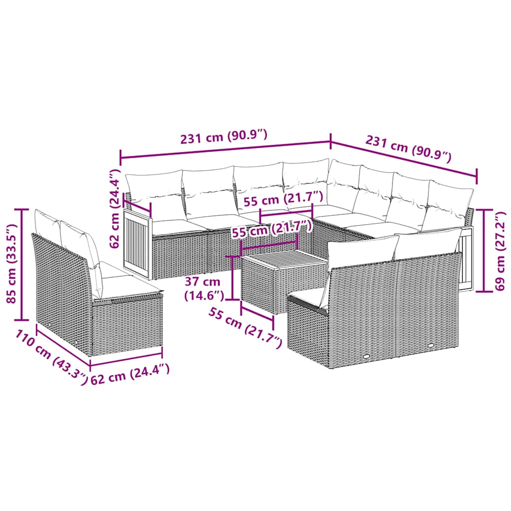 12 Piece Garden Sofa Set with Cushions Black Poly Rattan