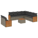 10 Piece Garden Sofa Set with Cushions Grey Poly Rattan - Front View