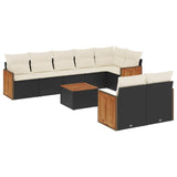 9 Piece Garden Sofa Set with Cushions Black Poly Rattan - Front View