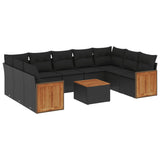 10 Piece Garden Sofa Set with Cushions Black Poly Rattan - Front View