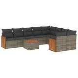 10 Piece Garden Sofa Set with Cushions Grey Poly Rattan - Front View