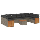 11 Piece Garden Sofa Set with Cushions Grey Poly Rattan - Front View