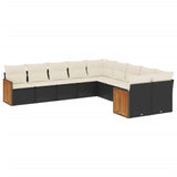 10 Piece Garden Sofa Set with Cushions Black Poly Rattan - Front View