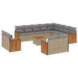 13 Piece Garden Sofa Set with Cushions Beige Poly Rattan - Front View