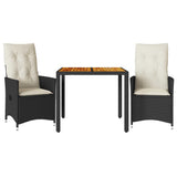 3 Piece Bistro Set with Cushions Black Poly Rattan and Acacia