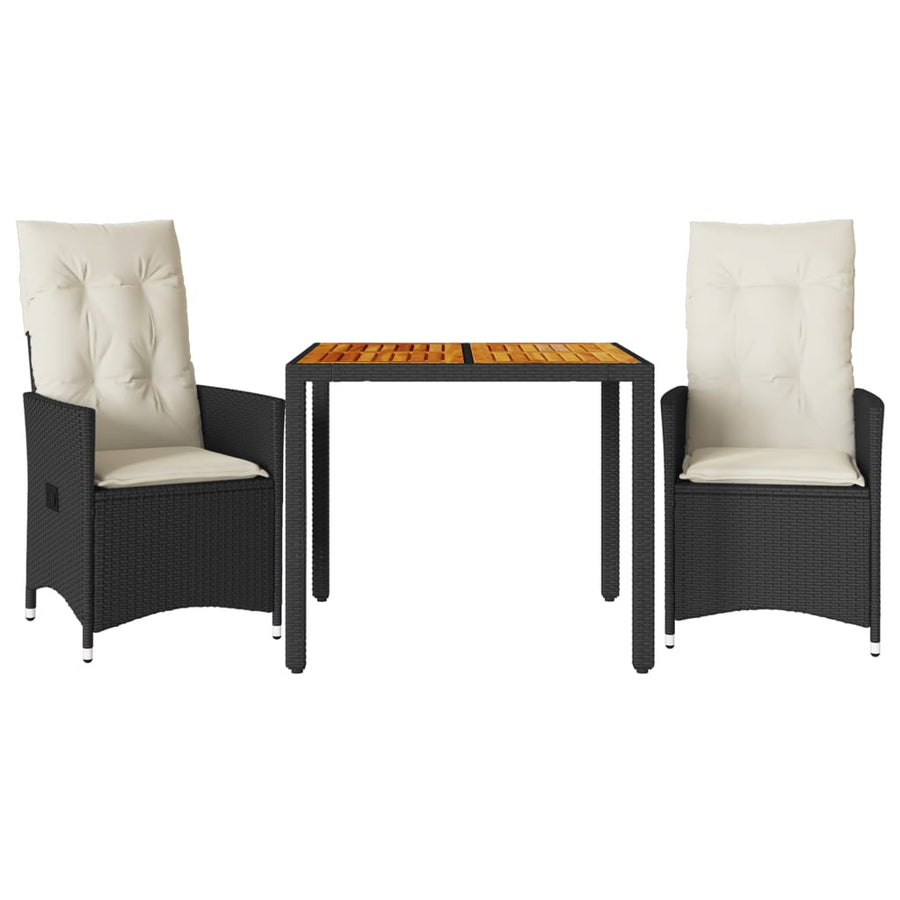 3 Piece Bistro Set with Cushions Black Poly Rattan and Acacia