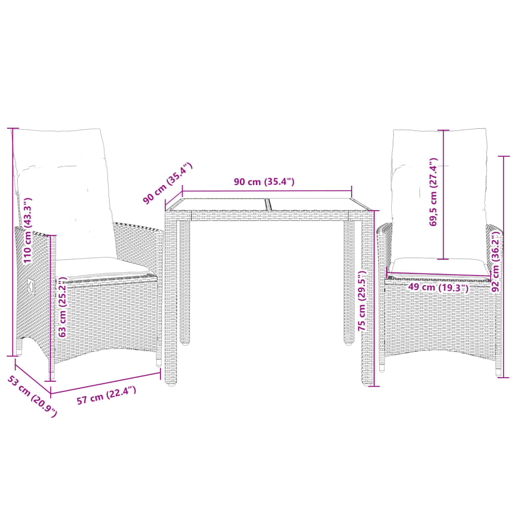 3 Piece Bistro Set with Cushions Black Poly Rattan and Acacia