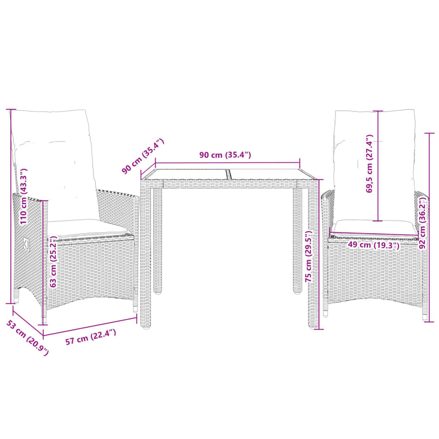 3 Piece Bistro Set with Cushions Black Poly Rattan and Acacia