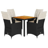 5 Piece Garden Dining Set with Cushions Black Poly Rattan - Front View
