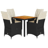 5 Piece Garden Dining Set with Cushions Black Poly Rattan - Front View
