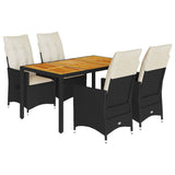 5 Piece Garden Dining Set with Cushions Black Poly Rattan - Front View