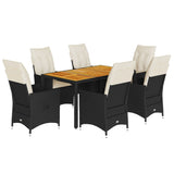 7 Piece Garden Dining Set with Cushions Black Poly Rattan - Front View