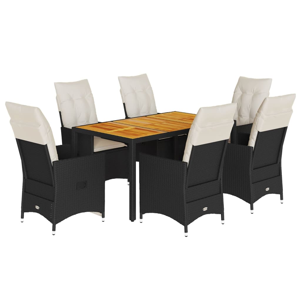 7 Piece Garden Dining Set with Cushions Black Poly Rattan