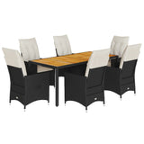 7 Piece Garden Dining Set with Cushions Black Poly Rattan - Front View