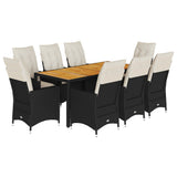 9 Piece Garden Dining Set with Cushions Black Poly Rattan - Front View