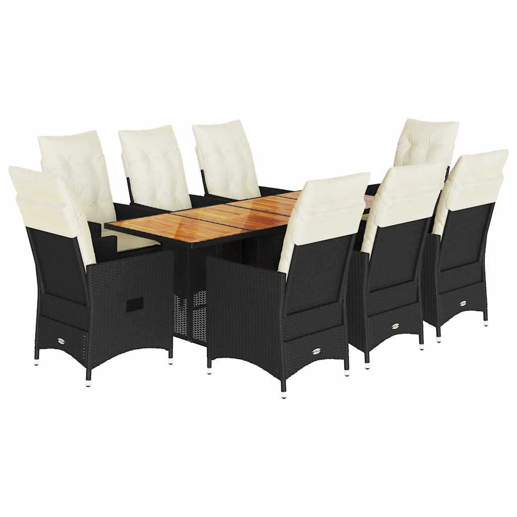 9 Piece Garden Dining Set with Cushions Black Poly Rattan