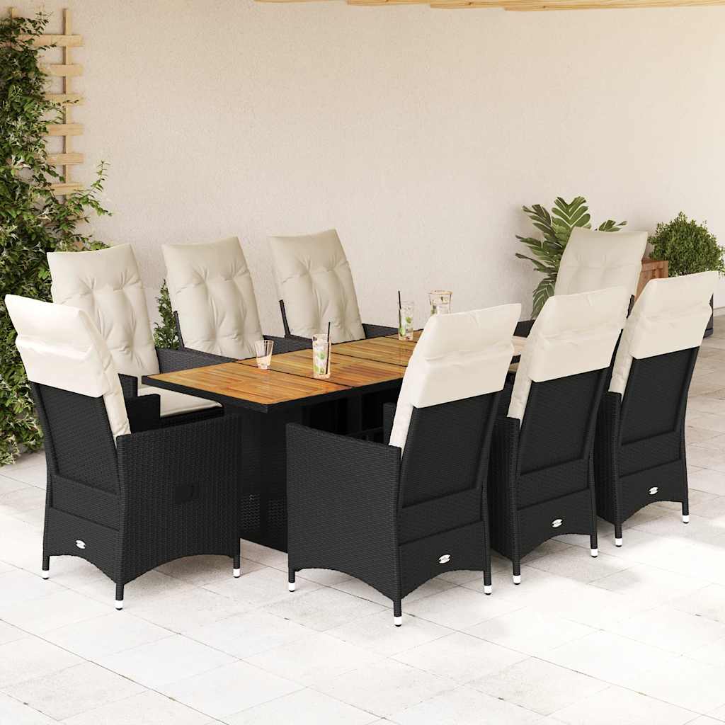 9 Piece Garden Dining Set with Cushions Black Poly Rattan