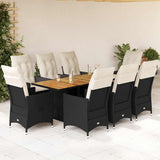 9 Piece Garden Dining Set with Cushions Black Poly Rattan