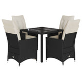5 Piece Garden Dining Set with Cushions Black Poly Rattan - Front View