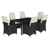 7 Piece Garden Dining Set with Cushions Black Poly Rattan - Front View