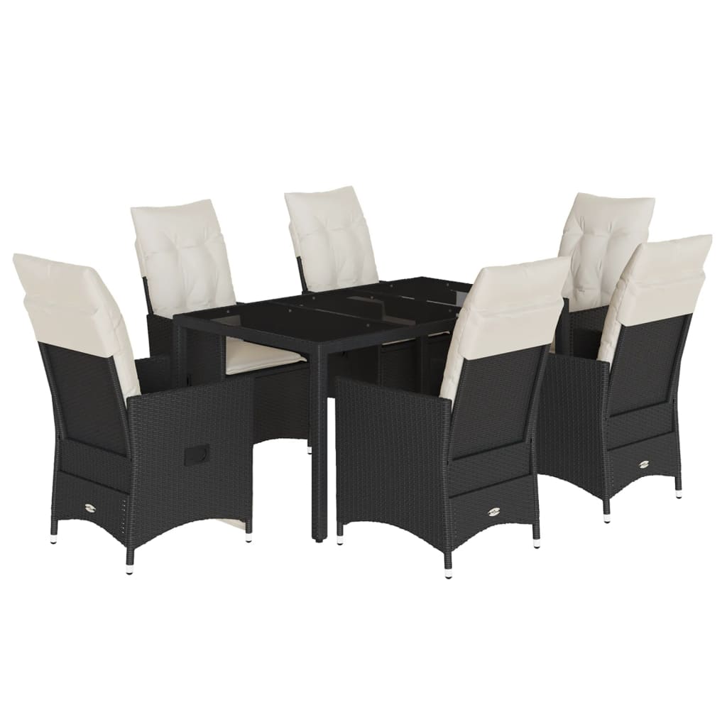 7 Piece Garden Dining Set with Cushions Black Poly Rattan