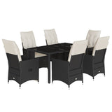 7 Piece Garden Dining Set with Cushions Black Poly Rattan - Front View