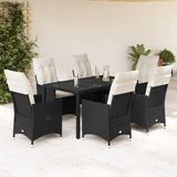 7 Piece Garden Dining Set with Cushions Black Poly Rattan