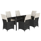 7 Piece Garden Dining Set with Cushions Black Poly Rattan - Front View