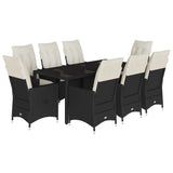 9 Piece Garden Dining Set with Cushions Black Poly Rattan - Front View