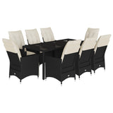 9 Piece Garden Dining Set with Cushions Black Poly Rattan