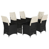 7 Piece Garden Dining Set with Cushions Black Poly Rattan - Front View