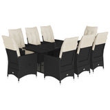9 Piece Garden Dining Set with Cushions Black Poly Rattan - Front View