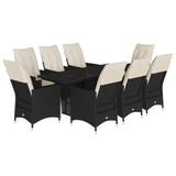 9 Piece Garden Dining Set with Cushions Black Poly Rattan - Front View