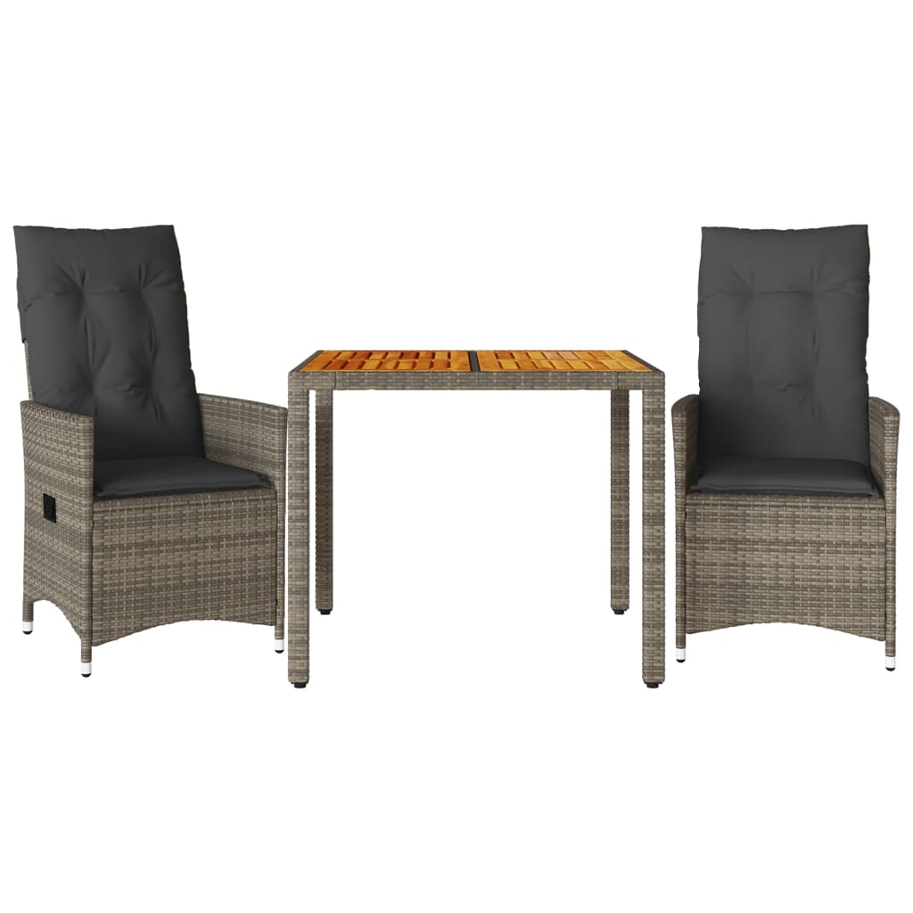 3 Piece Bistro Set with Cushions Grey Poly Rattan