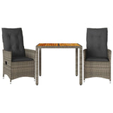 3 Piece Bistro Set with Cushions Grey Poly Rattan - Front View