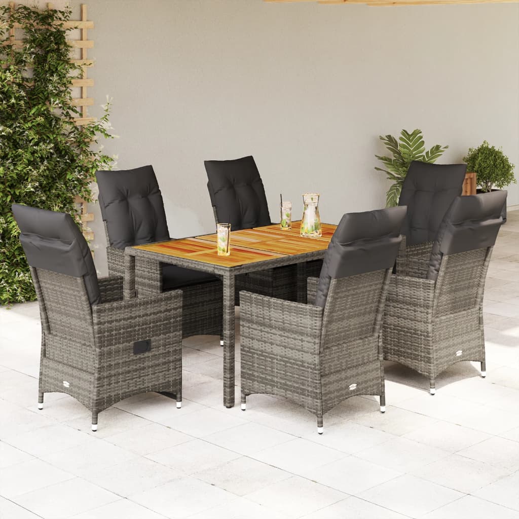 7 Piece Garden Dining Set with Cushions Grey Poly Rattan