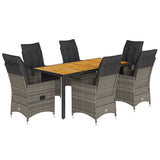7 Piece Garden Dining Set with Cushions Grey Poly Rattan - Front View
