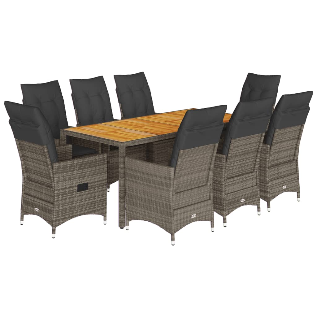 9 Piece Garden Dining Set with Cushions Grey Poly Rattan