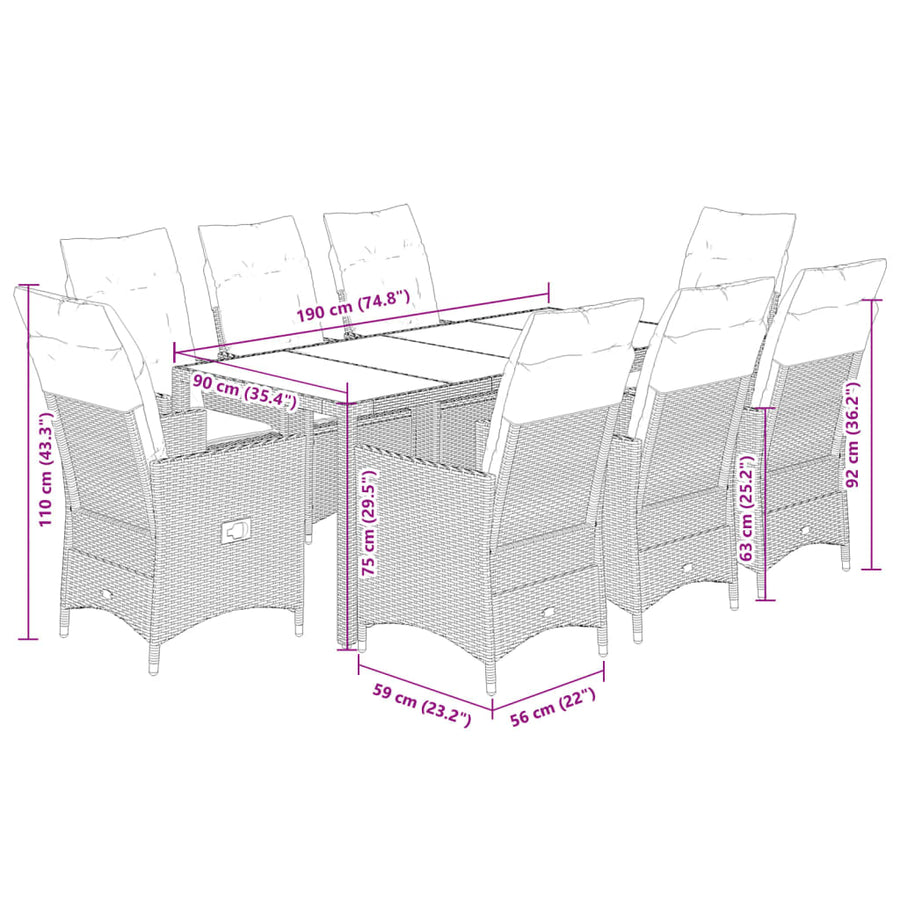 9 Piece Garden Dining Set with Cushions Grey Poly Rattan