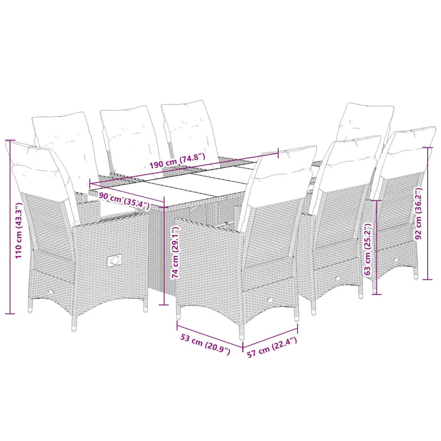 9 Piece Garden Dining Set with Cushions Grey Poly Rattan