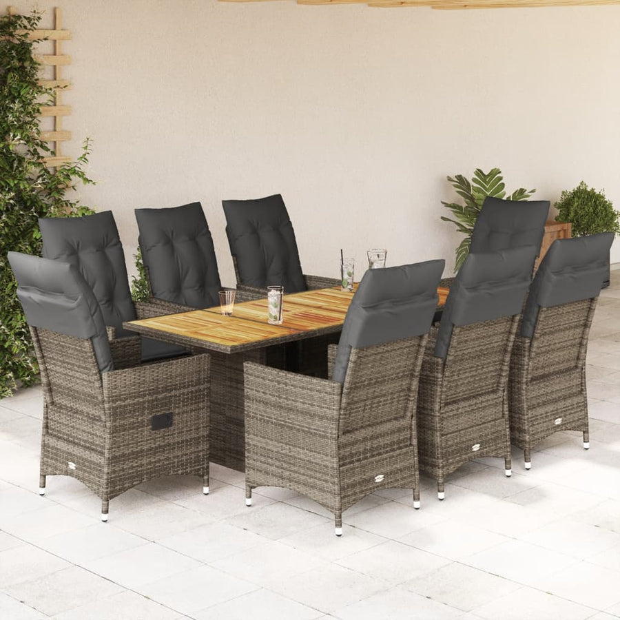 9 Piece Garden Dining Set with Cushions Grey Poly Rattan