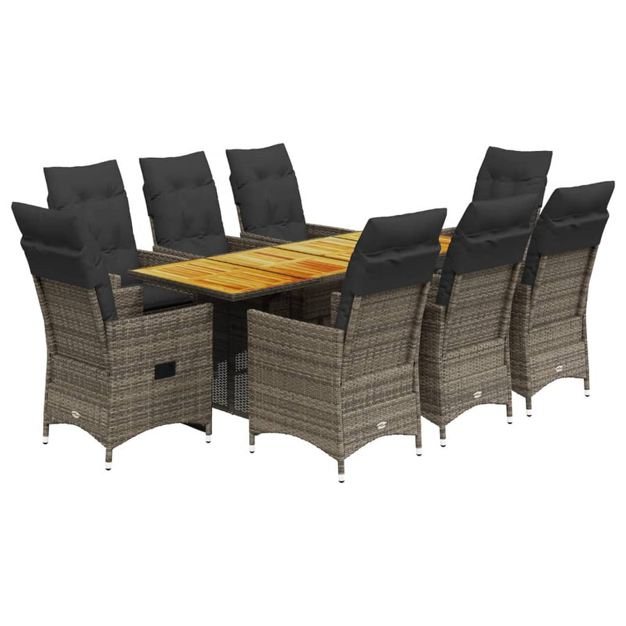 9 Piece Garden Dining Set with Cushions Grey Poly Rattan