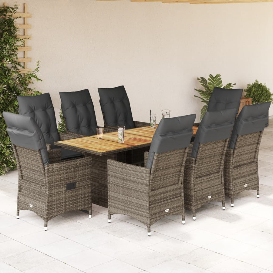 9 Piece Garden Dining Set with Cushions Grey Poly Rattan