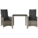 3 Piece Bistro Set with Cushions Grey Poly Rattan - Front View