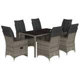 7 Piece Garden Dining Set with Cushions Grey Poly Rattan - Front View